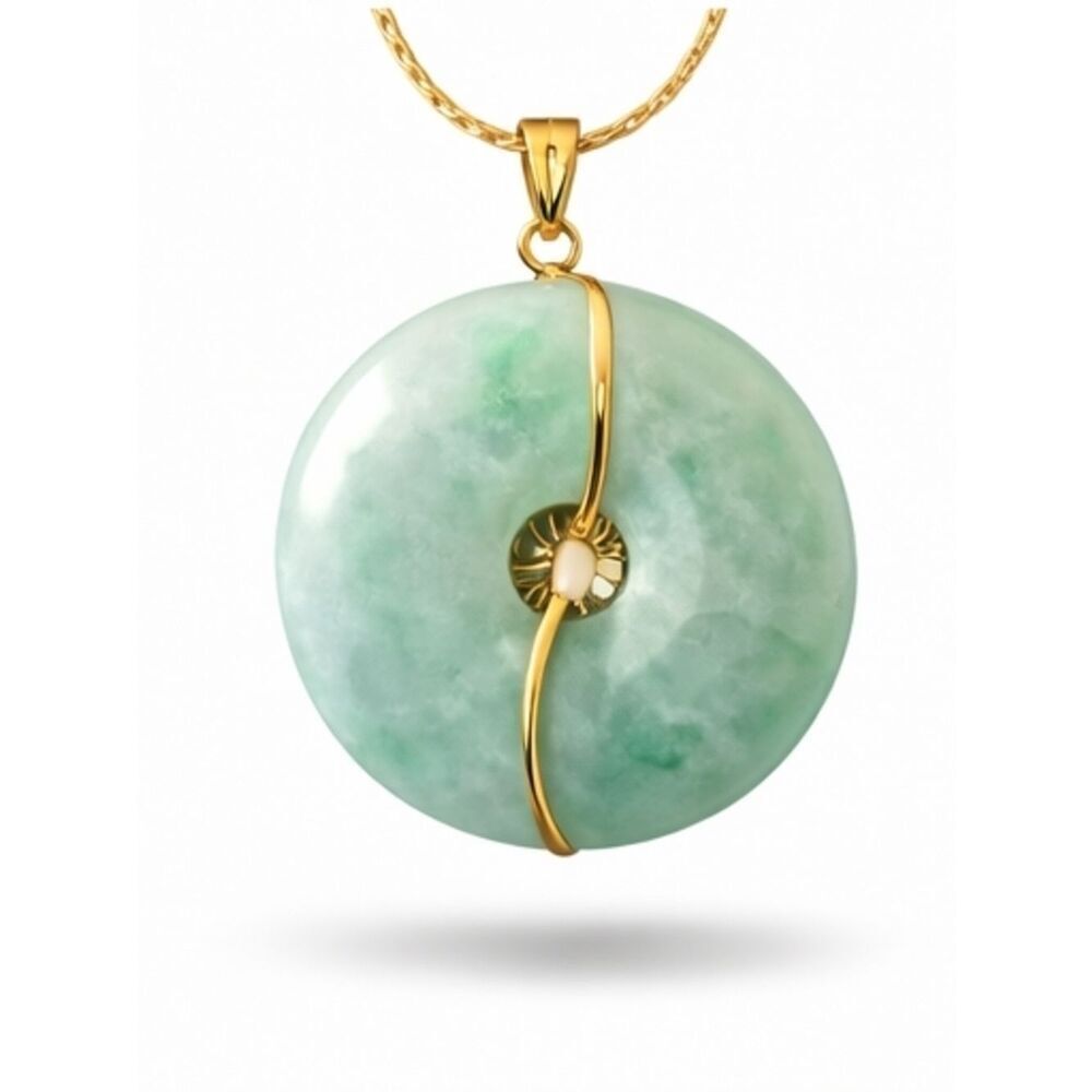 Jade Pendant Necklace 14K Gold Multicolor Gemstone Disc - Picture 3 of 4